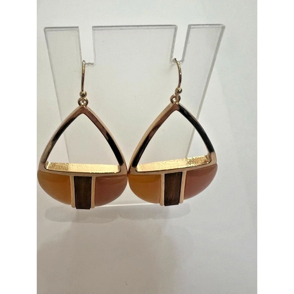 Uncas Int Gold Blush Wine Dangle Earrings Resin Wood Earth Tones Vendor Sample‎